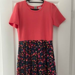 Lularoe Amelia dress L. Coral top floral bottom.